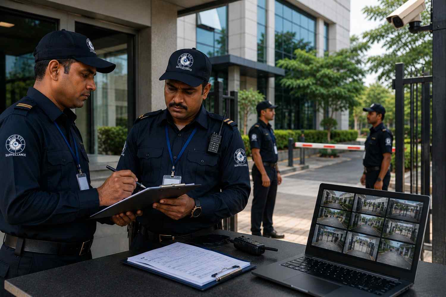 Business owner meeting with a professional security guard agency representative while trained security guards stand nearby, highlighting agency selection, guard verification, and security services.