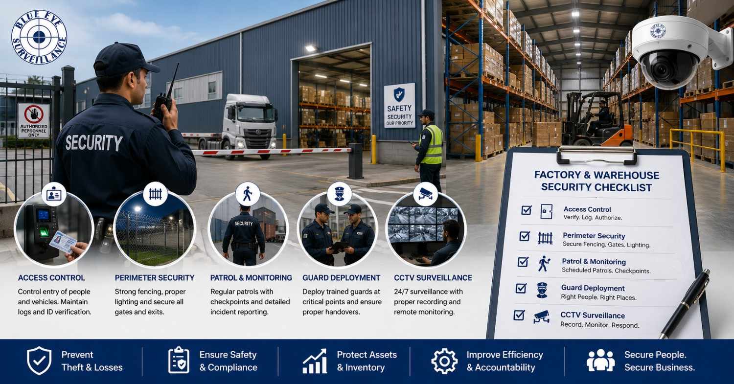 Security guard monitoring a factory and warehouse for safety