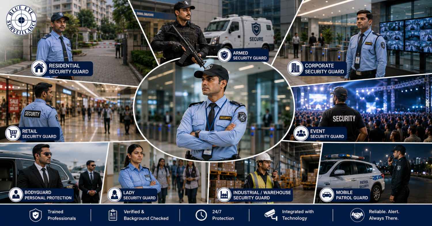 Different types of security guards protecting people and property