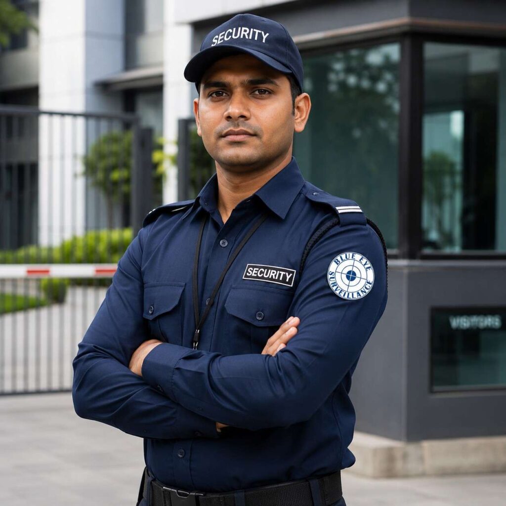 Professional security guard from Blue Eye Surveillance providing security services in Thane for commercial, residential, industrial, and event properties.