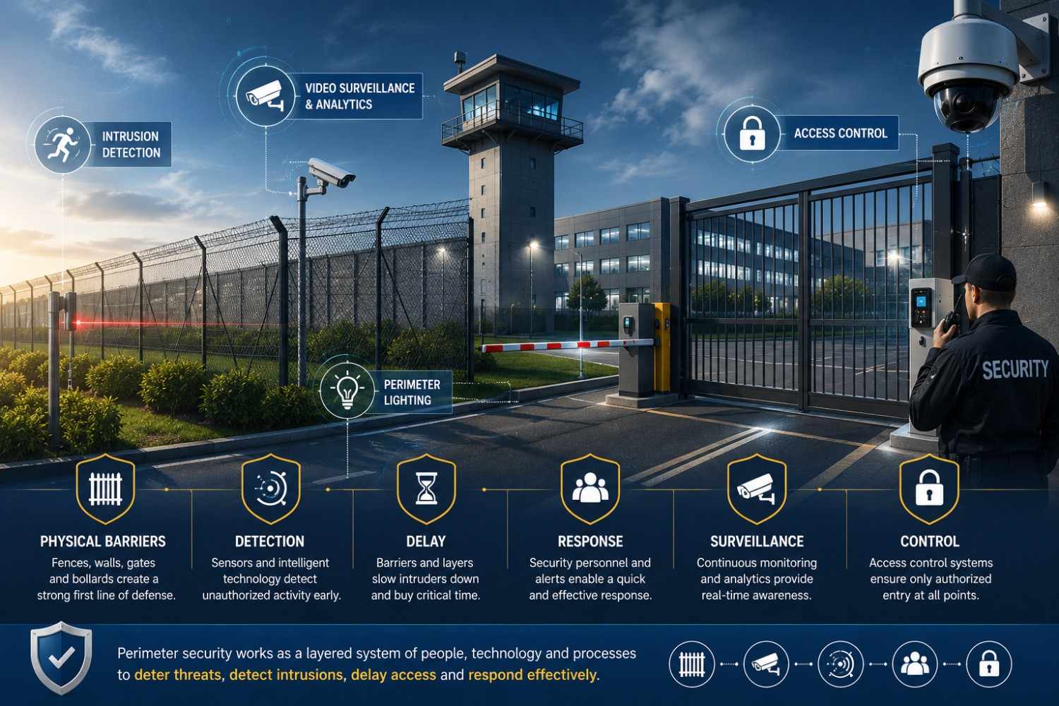 Perimeter security system with fences, CCTV cameras, intrusion sensors, access control and security personnel